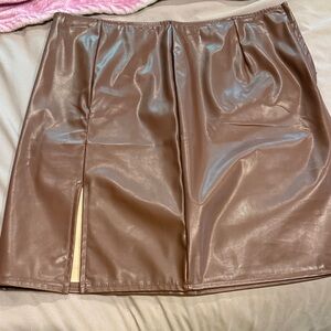 Faux Leather Brown Women’s Mini Skirt with Front Slit
